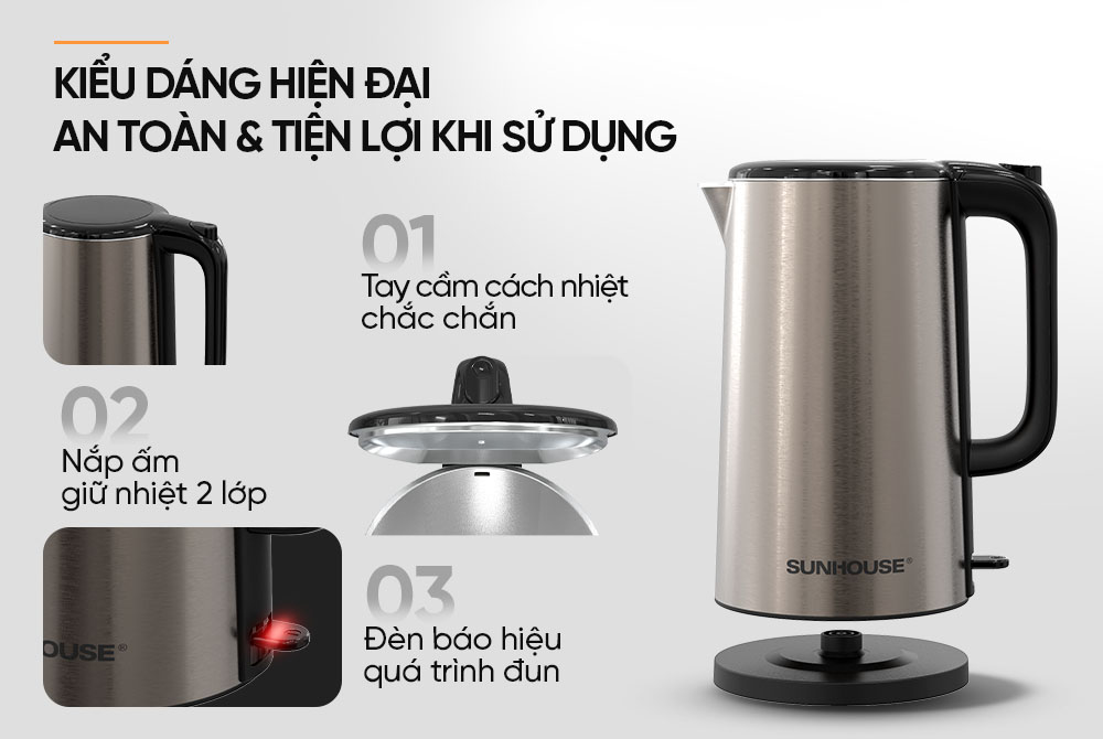 Ấm siêu tốc inox 2 lớp 2L SUNHOUSE SHD1396