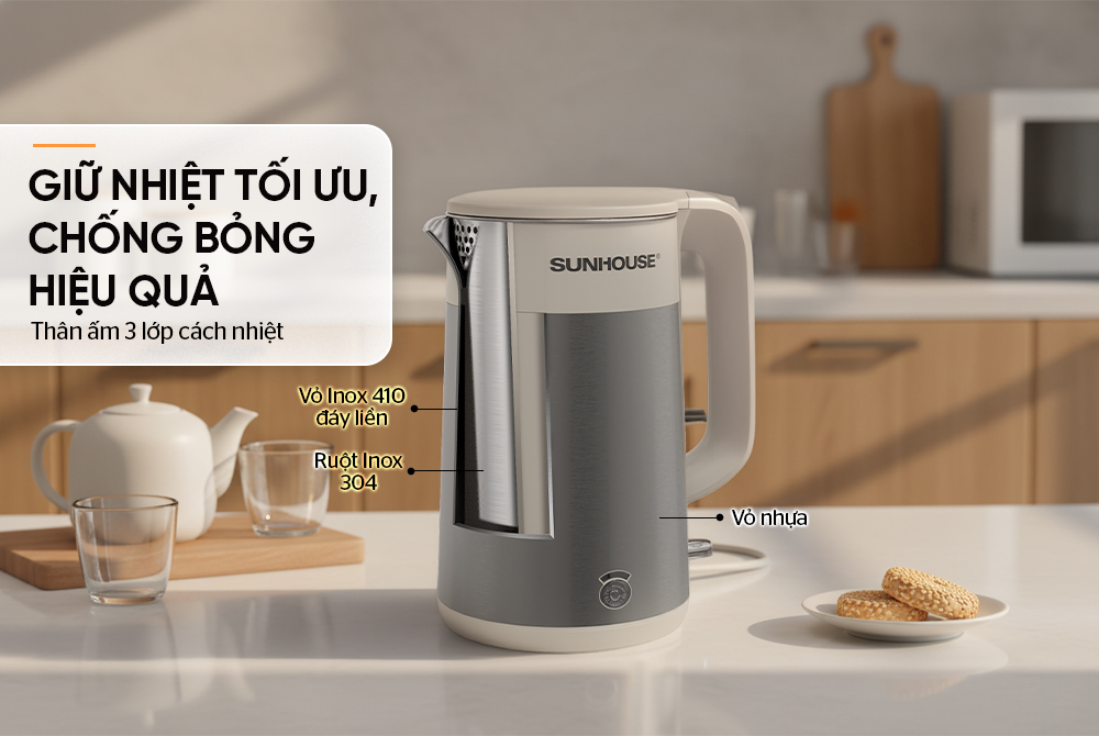 Ấm siêu tốc inox 3 lớp 1.8L SUNHOUSE SHD1376
