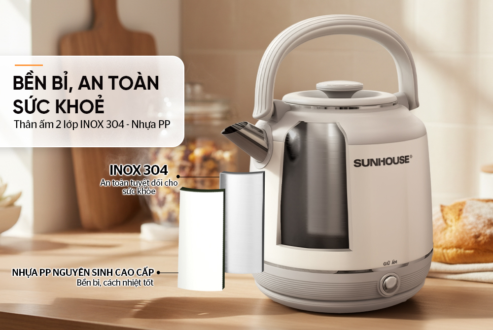 Ấm siêu tốc inox giữ nhiệt 2.5L SUNHOUSE SHD1392