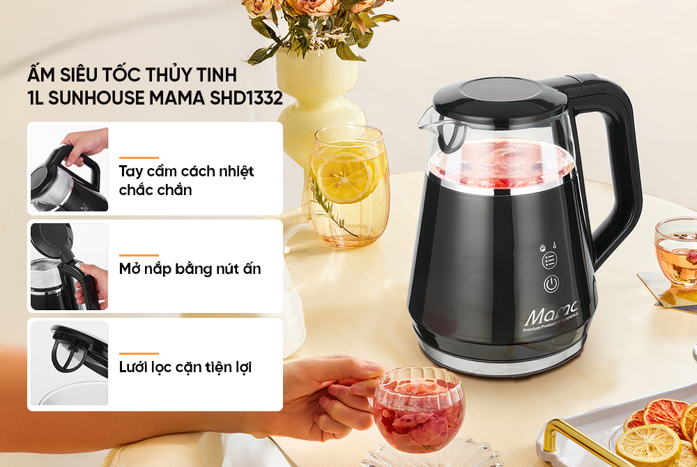 Ấm siêu tốc thủy tinh 1L SUNHOUSE Mama SHD1332