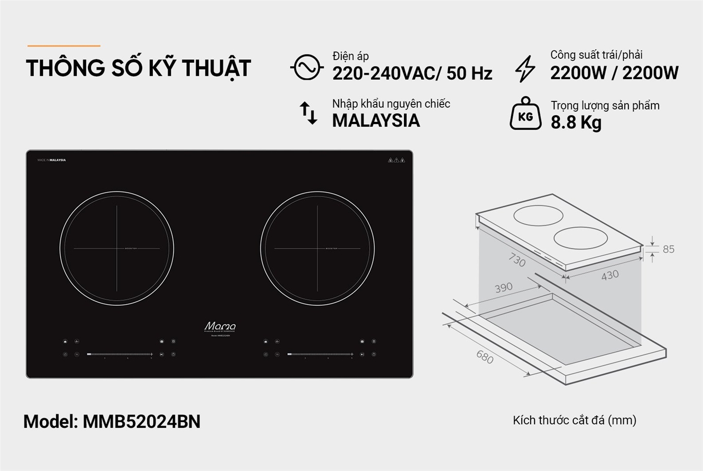 Bếp đôi điện từ SUNHOUSE MAMA MMB52024BN