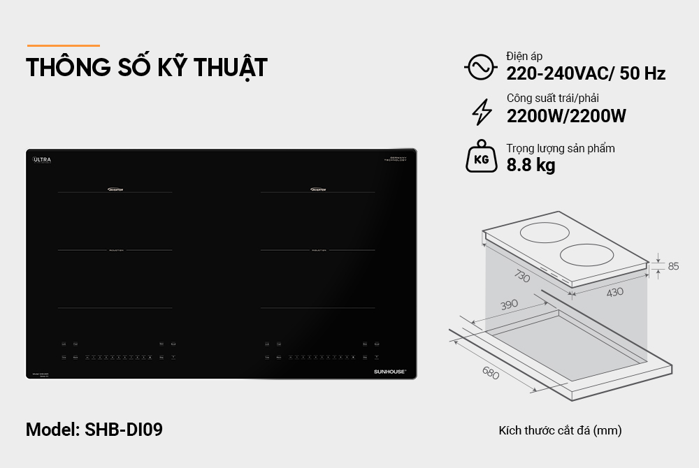 Bếp đôi điện từ SUNHOUSE SHB-DI09