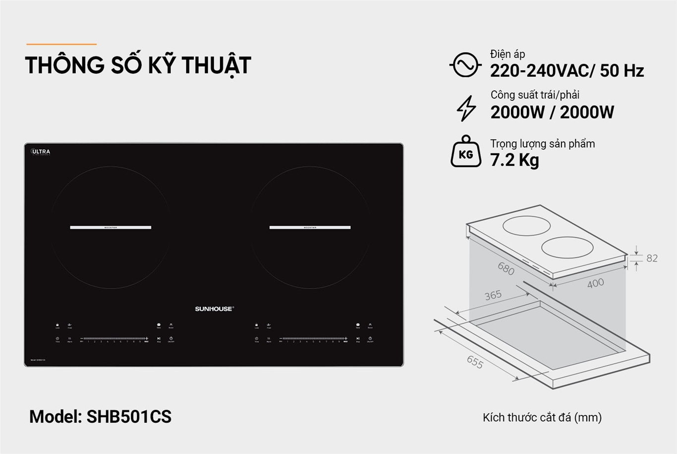 Bếp đôi điện từ SUNHOUSE SHB501CS