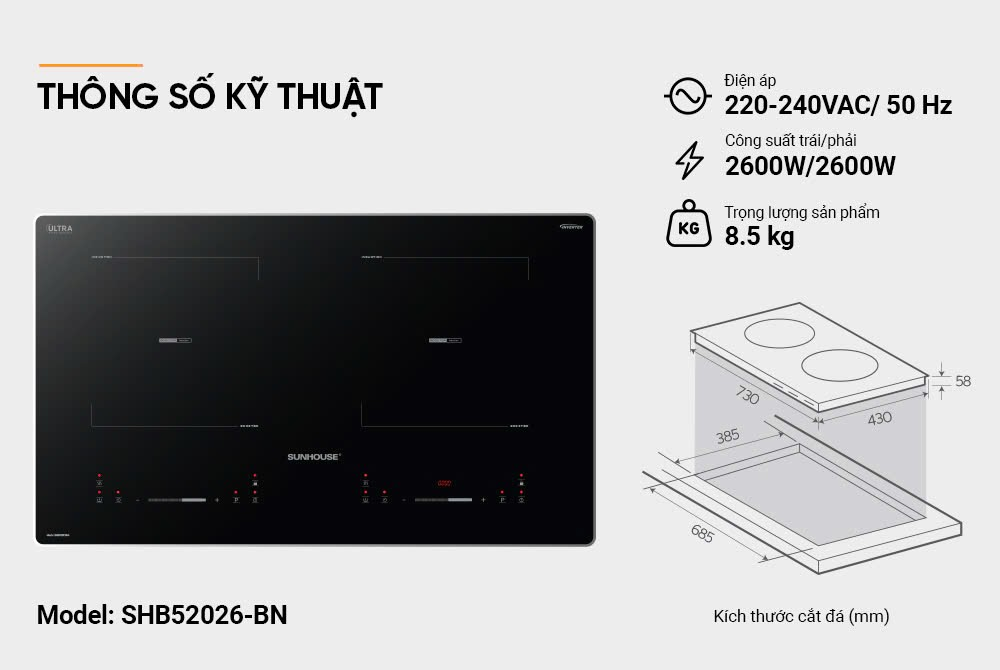 Bếp đôi điện từ SUNHOUSE SHB52026BN