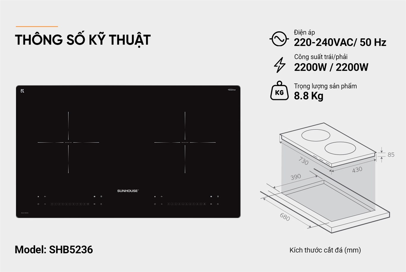 Bếp đôi điện từ SUNHOUSE SHB5236