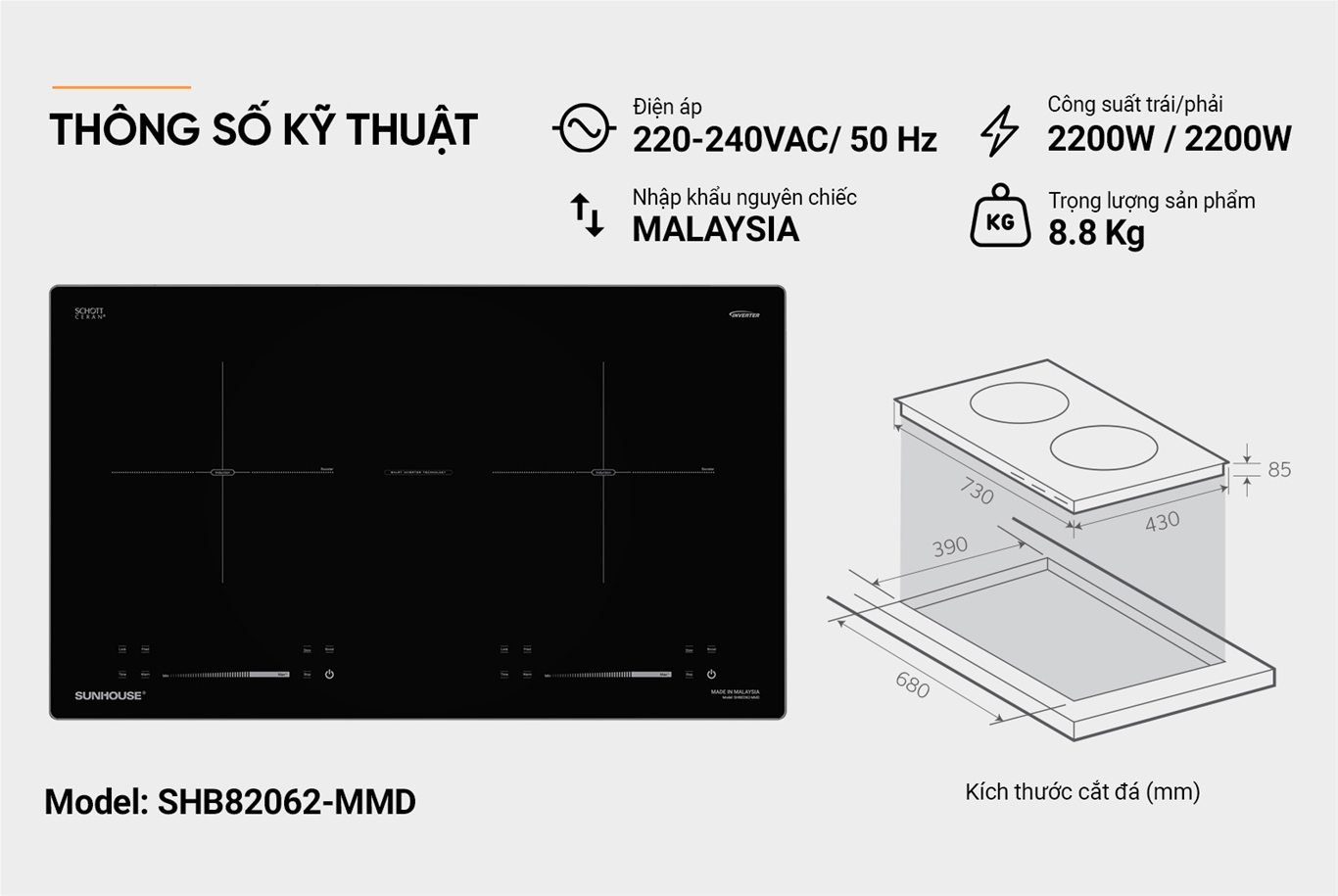 Bếp đôi điện từ SUNHOUSE SHB82062-MMD