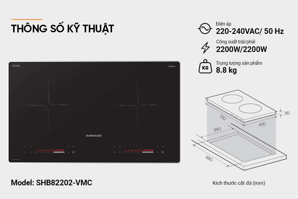 Bếp đôi điện từ SUNHOUSE SHB82202-VMC