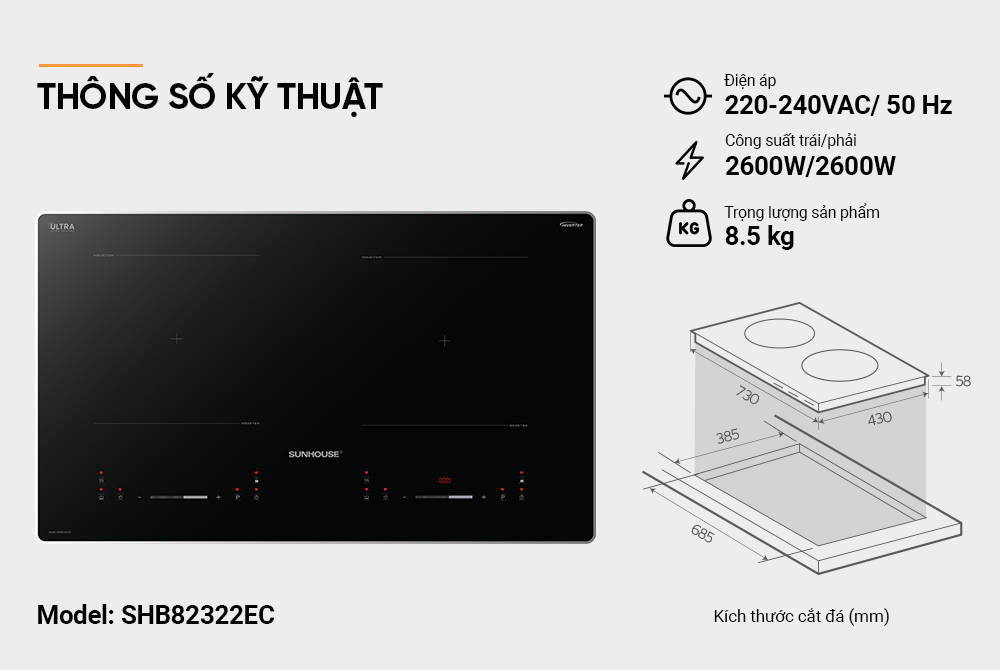 Bếp đôi điện từ SUNHOUSE SHB82322EC