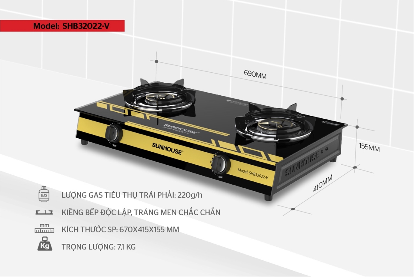 Bếp gas dương kính SUNHOUSE SHB32022-V