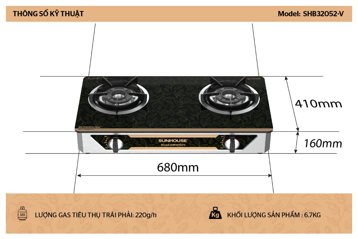 Bếp gas dương kính SUNHOUSE SHB32052-V