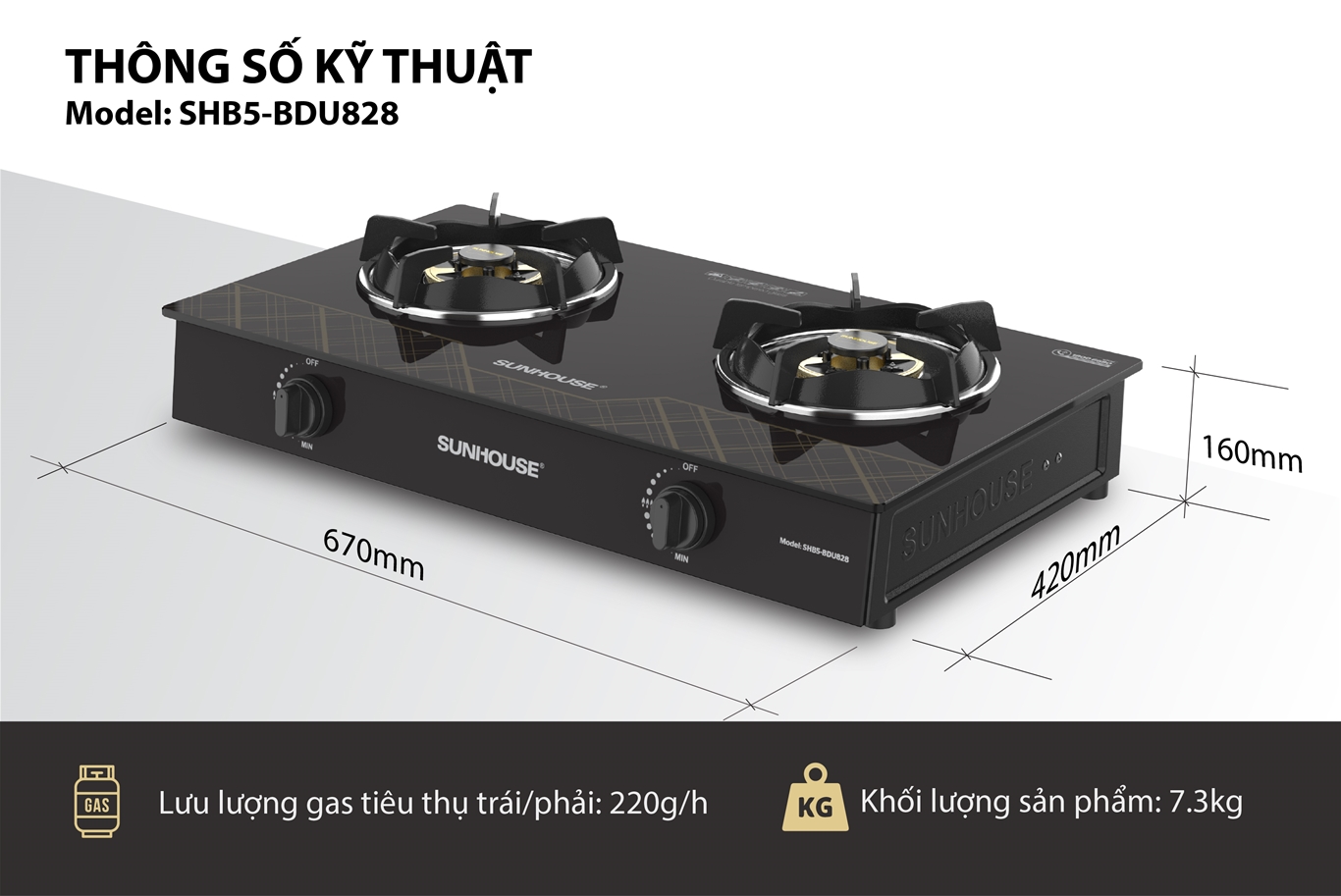 Bếp gas dương kính SUNHOUSE SHB5-BDU828