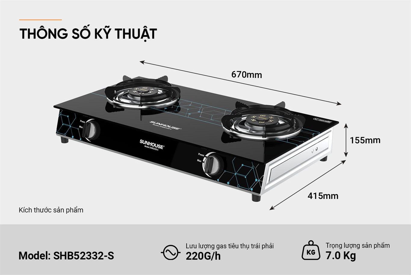 Bếp gas dương kính SUNHOUSE SHB52332-S