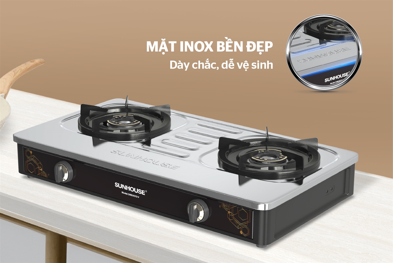 Bếp gas dương mặt inox SUNHOUSE SHB31072-V