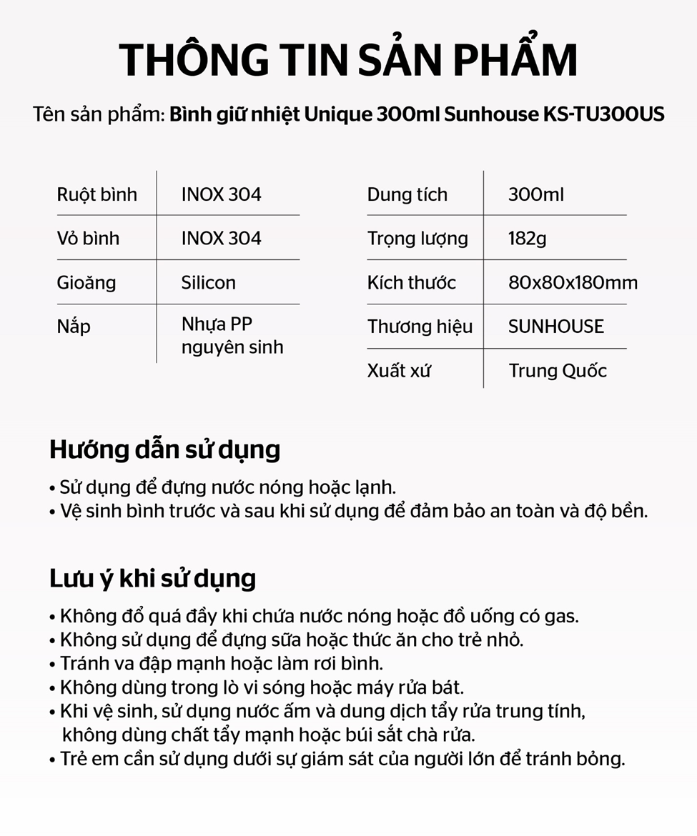 Bình giữ nhiệt Unique 300mL SUNHOUSE KS-TU300US