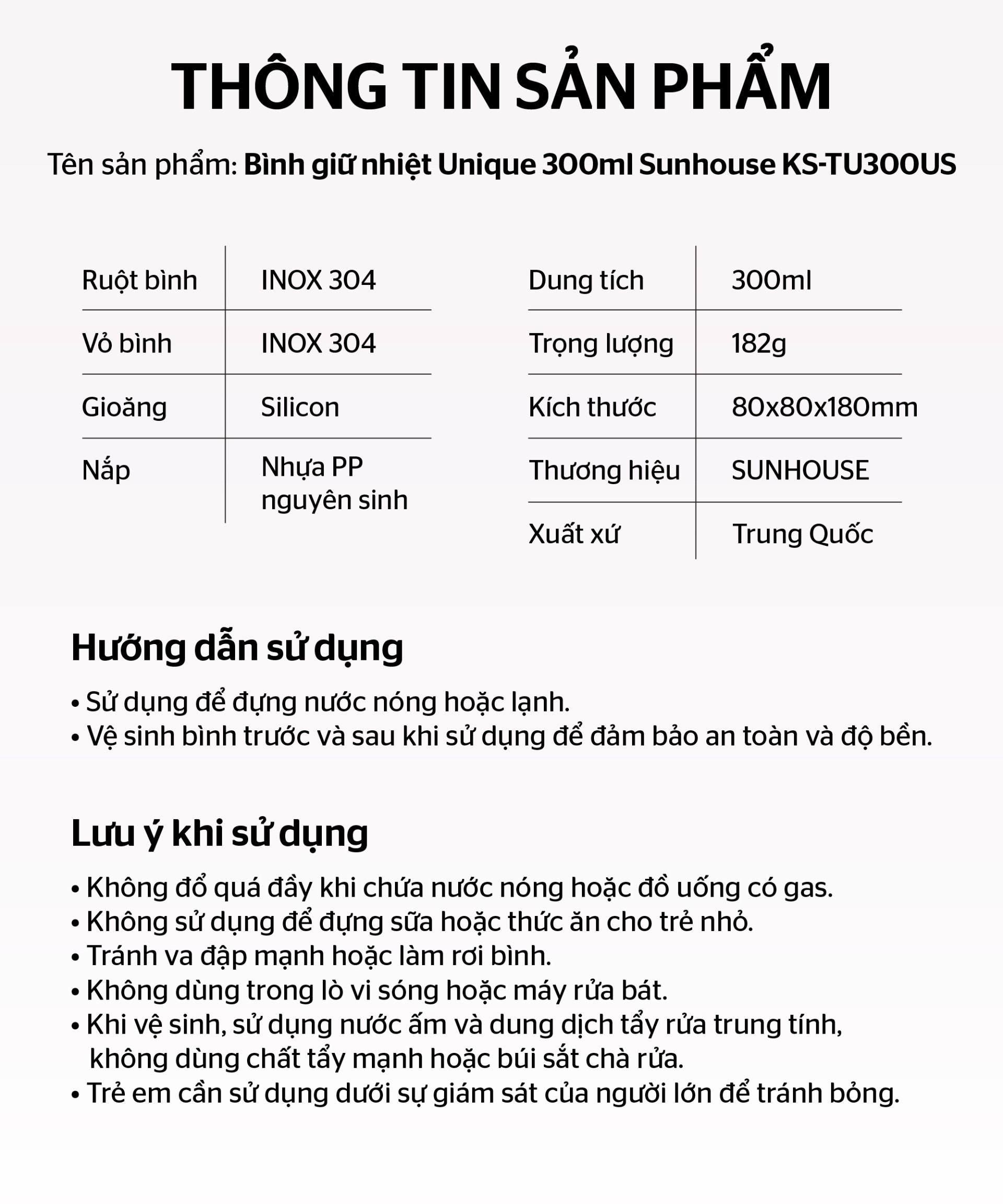 Bình giữ nhiệt Unique 300mL SUNHOUSE KS-TU300US