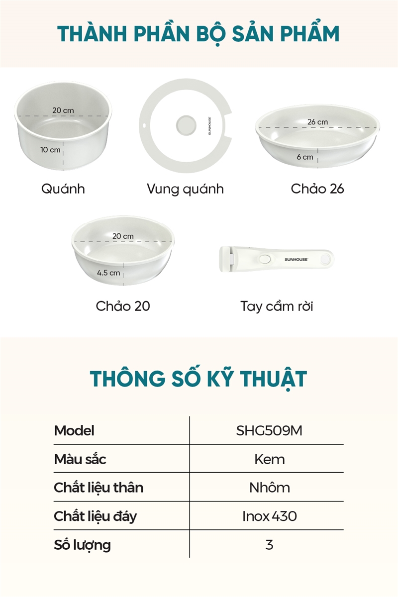 Bộ nồi chảo cán rời chống dính 3 món SUNHOUSE TRENDY SHG509M