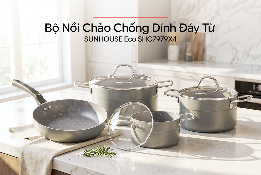 Bộ nồi chảo chống dính đáy từ SUNHOUSE Eco SHG7979X4