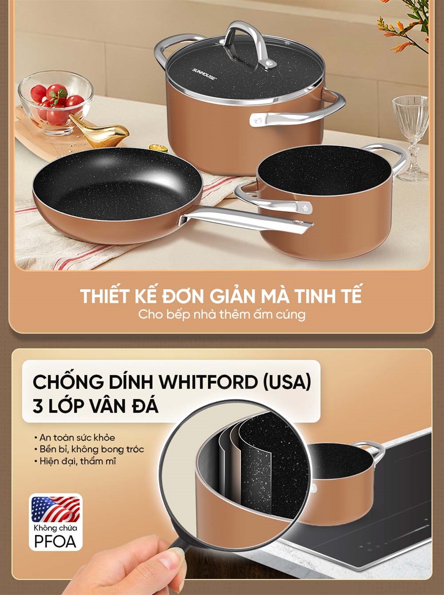 Bộ nồi chảo chống dính đáy từ SUNHOUSE SHG8081MB
