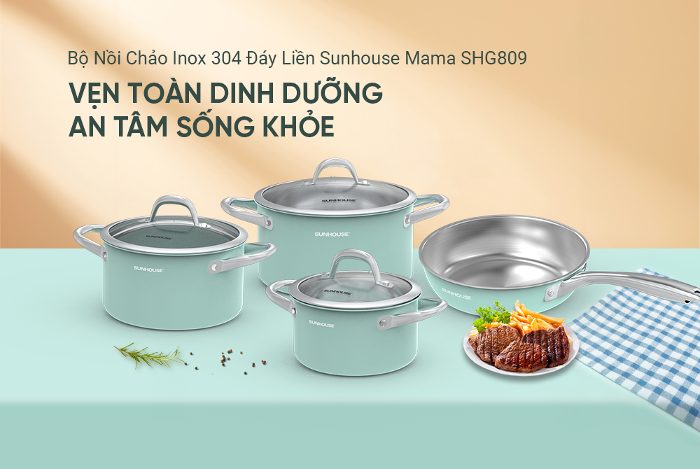 Bộ nồi chảo Inox 304 đáy liền SUNHOUSE Mama SHG809