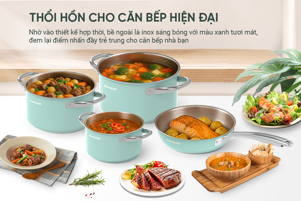Bộ nồi chảo Inox 304 đáy liền SUNHOUSE Mama SHG809