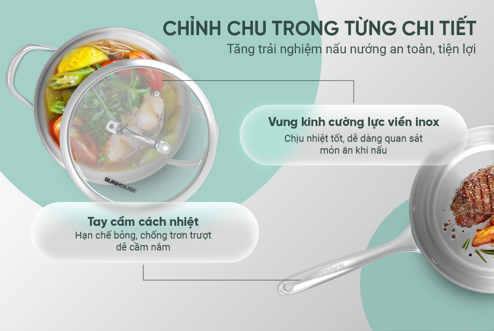Bộ nồi chảo Inox 304 đáy liền SUNHOUSE Mama SHG809