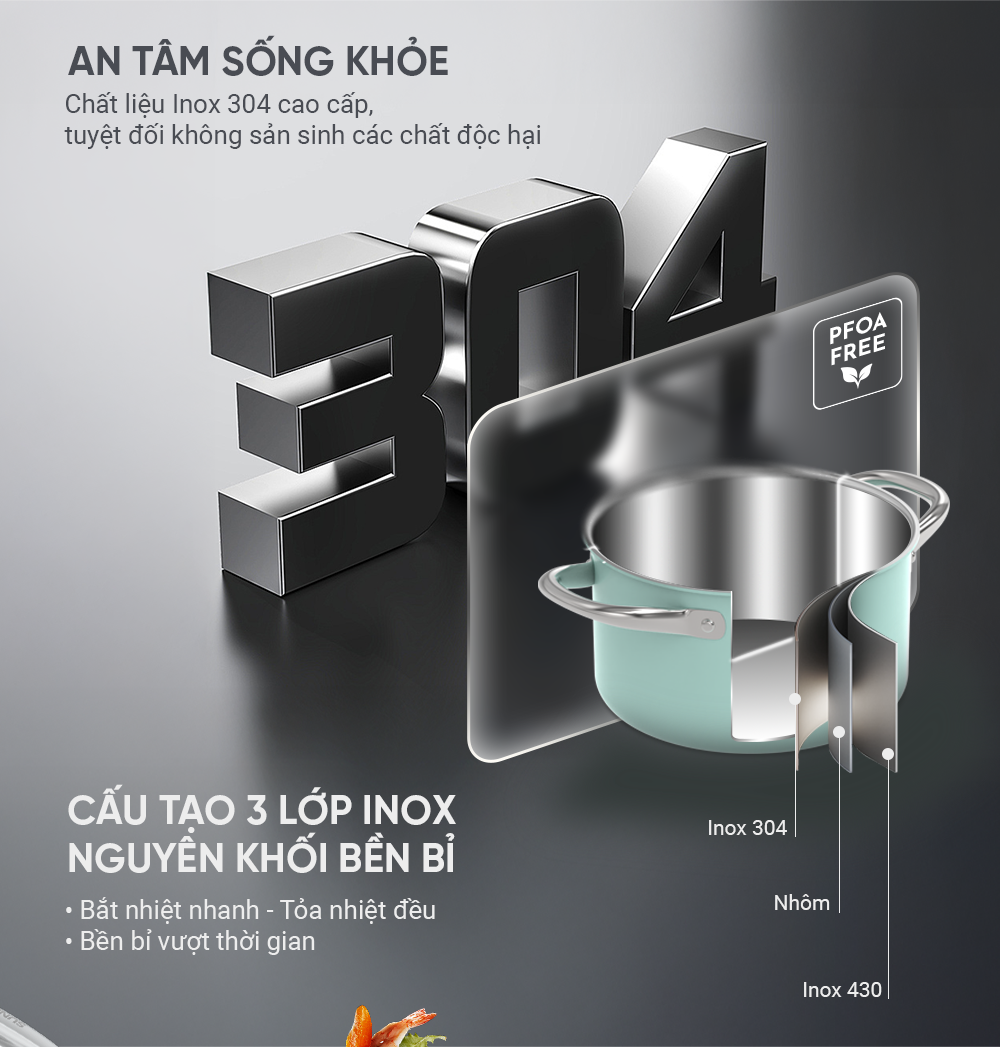Bộ nồi chảo Inox 304 đáy liền SUNHOUSE Mama SHG809