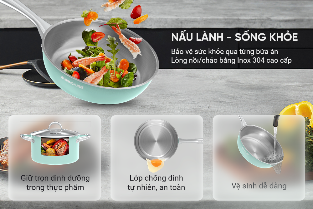 Bộ nồi chảo Inox 304 đáy liền SUNHOUSE Mama SHG809