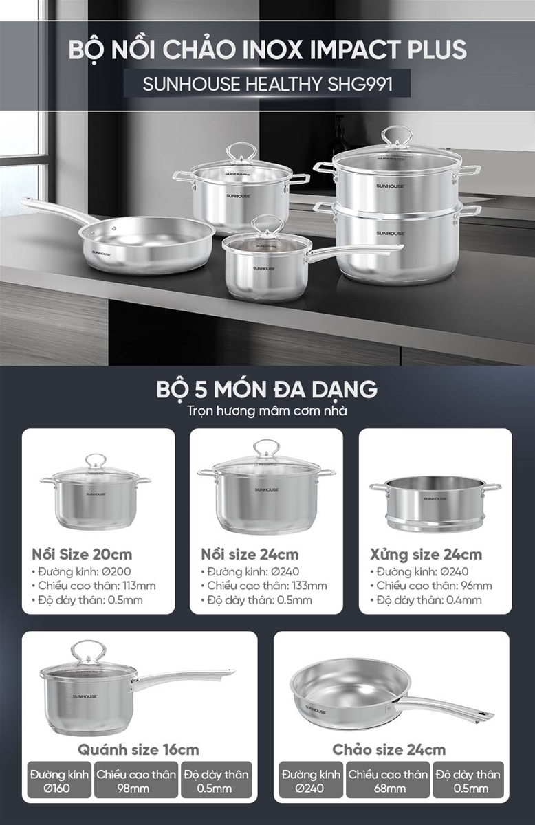 Bộ nồi chảo inox impact plus SUNHOUSE HEALTHY SHG991