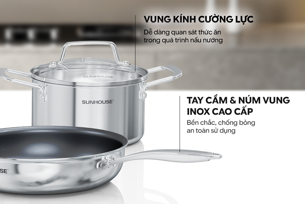 Bộ nồi chảo Inox liền đáy SUNHOUSE Healthy SHG811