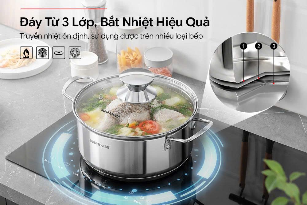 Bộ nồi Inox 3 đáy SUNHOUSE Eco SHG363