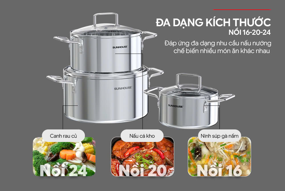 Bộ nồi inox 304 liền đáy SUNHOUSE HEALTHY SHG705
