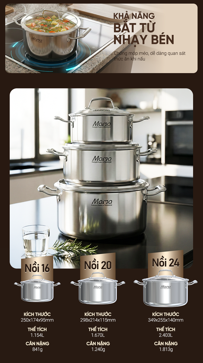 Bộ nồi inox cao cấp 316 liền đáy SUNHOUSE MAMA SHG825