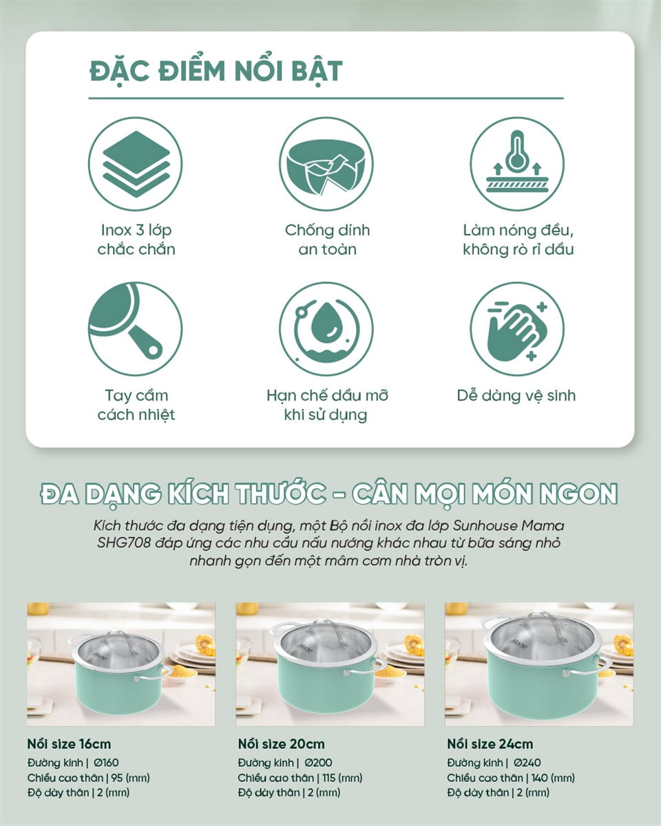 Bộ nồi inox đa lớp SUNHOUSE MAMA SHG708