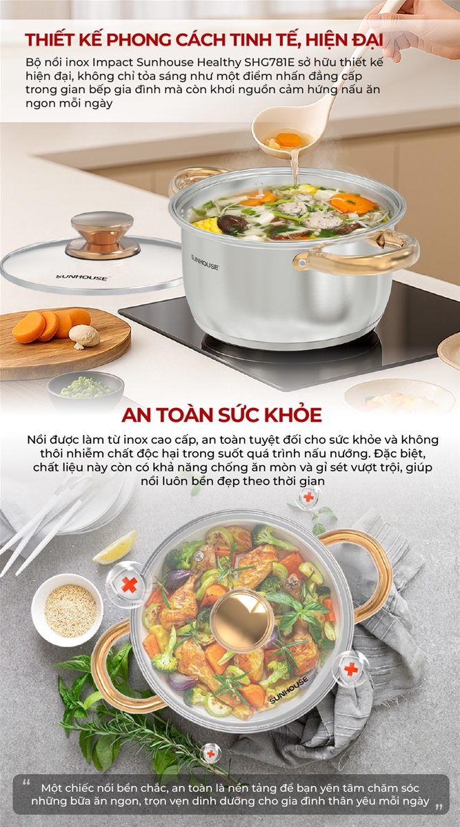 Bộ nồi inox impact SUNHOUSE HEALTHY SHG781E