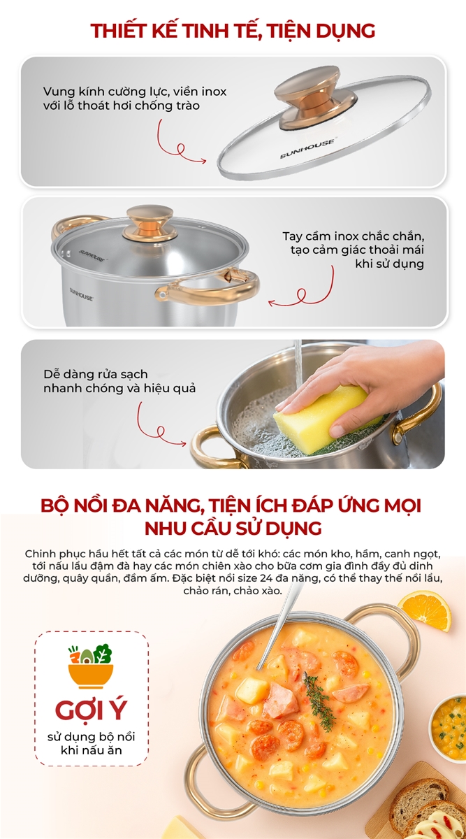 Bộ nồi inox impact SUNHOUSE HEALTHY SHG781E