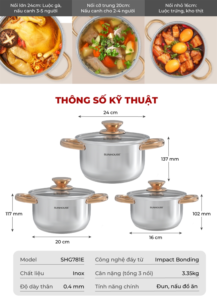 Bộ nồi inox impact SUNHOUSE HEALTHY SHG781E