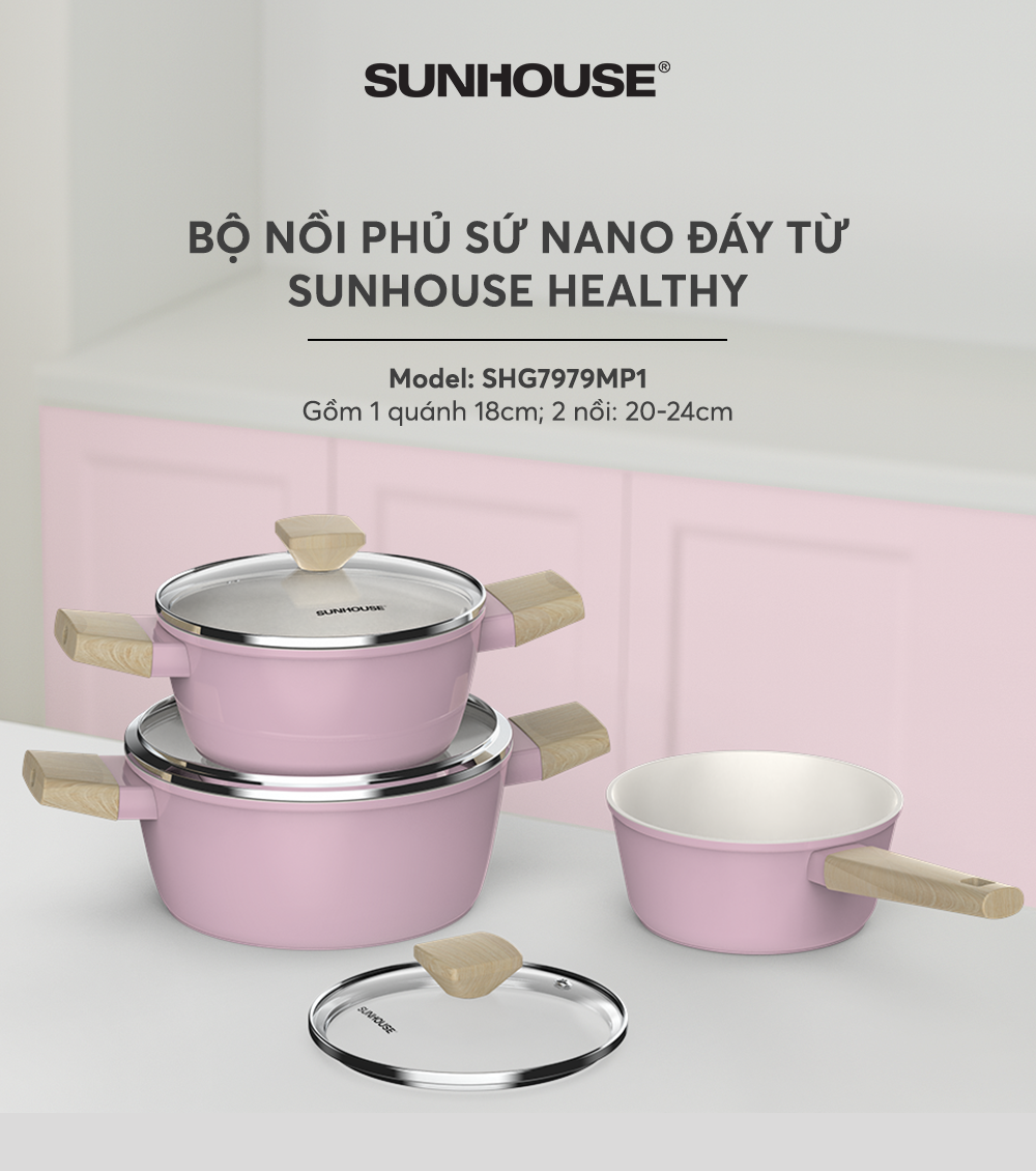 Bộ nồi phủ sứ Nano đáy từ SUNHOUSE Healthy SHG7979MP1