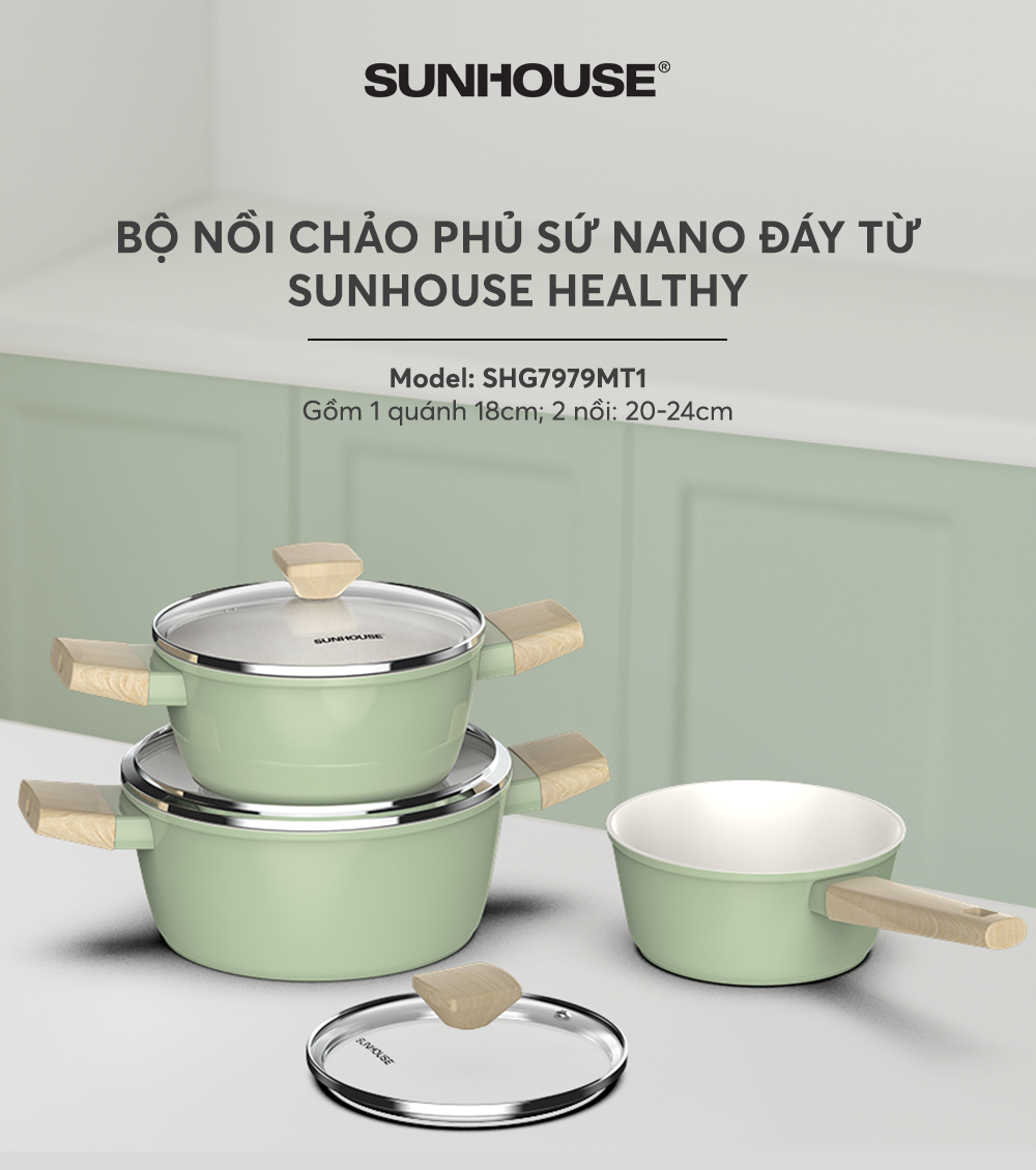 Bộ nồi phủ sứ Nano đáy từ SUNHOUSE Healthy SHG7979MT1