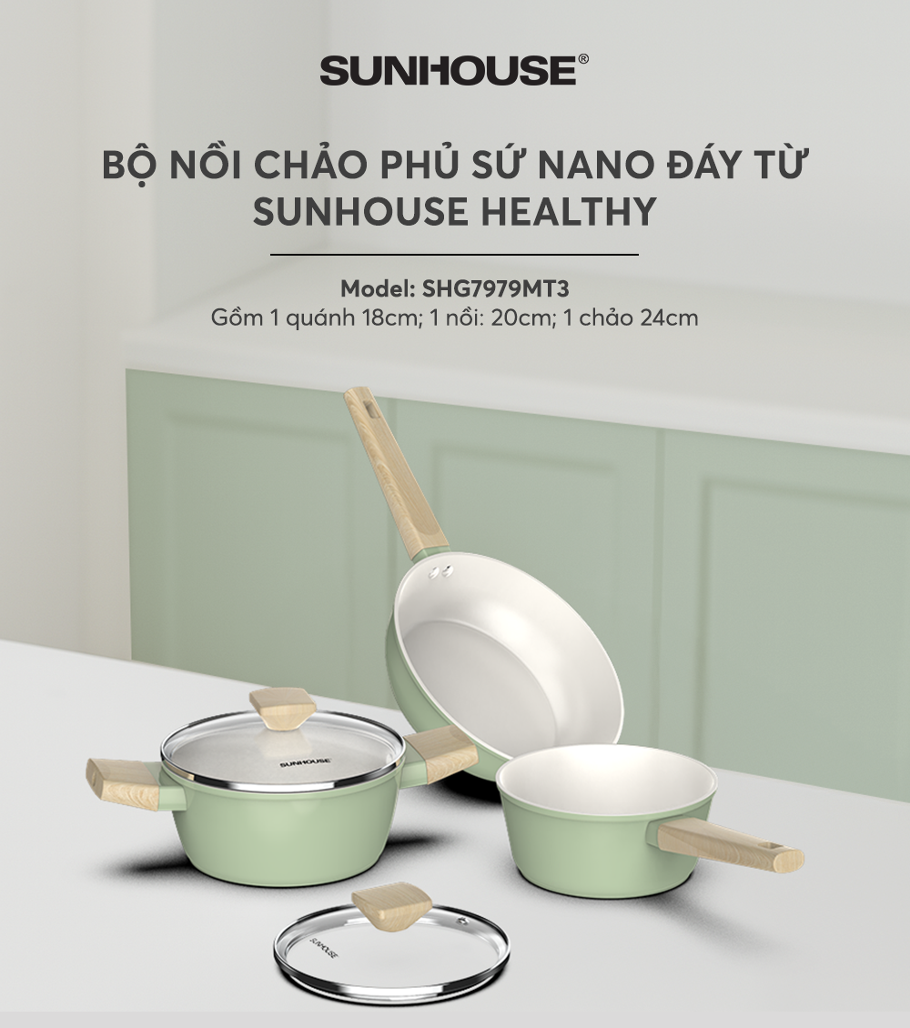 Bộ nồi phủ sứ nano đáy từ SUNHOUSE HEALTHY SHG7979MT3