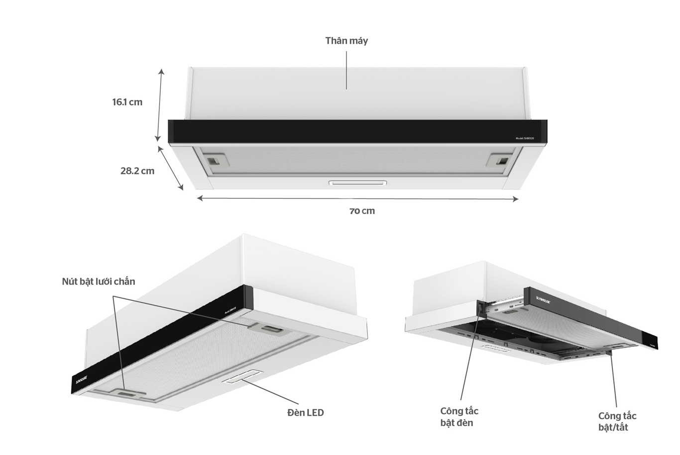 Máy hút mùi âm tủ SUNHOUSE SHB6128