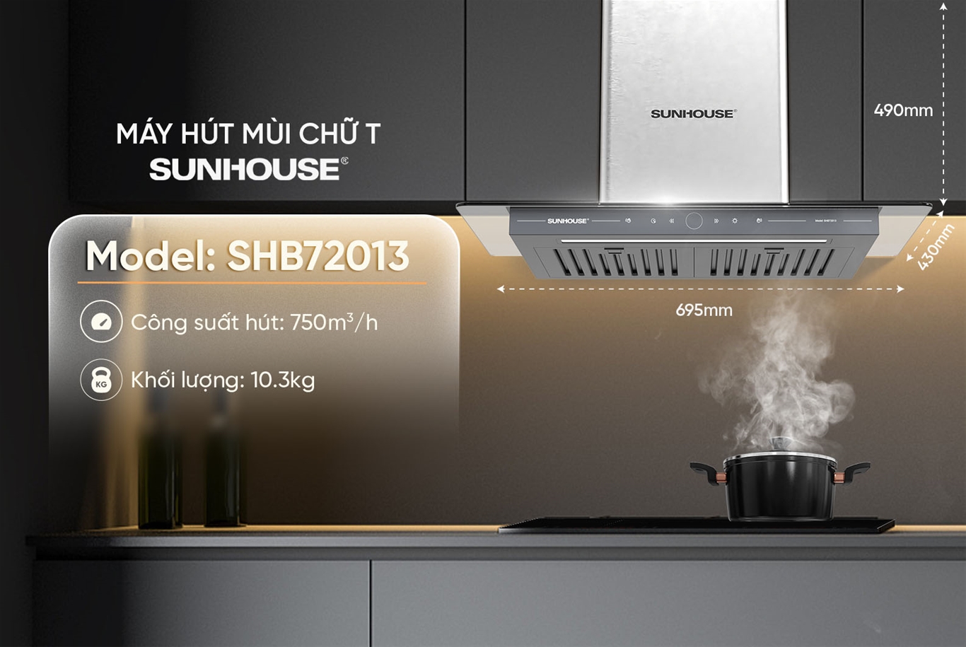 Máy hút mùi chữ t SUNHOUSE SHB72013