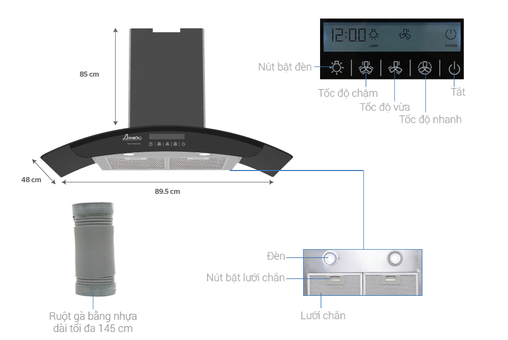 Máy hút mùi kính cong APEX APB6681-90C
