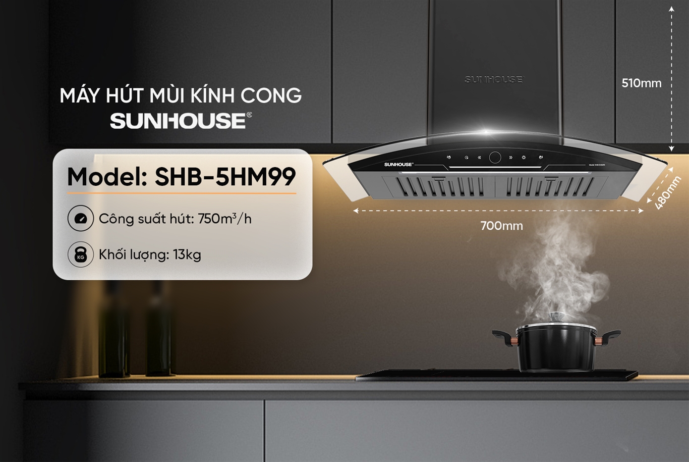 Máy hút mùi kính cong SUNHOUSE SHB-5HM99