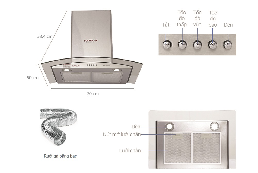 Máy hút mùi kính cong SUNHOUSE SHB6629-70C