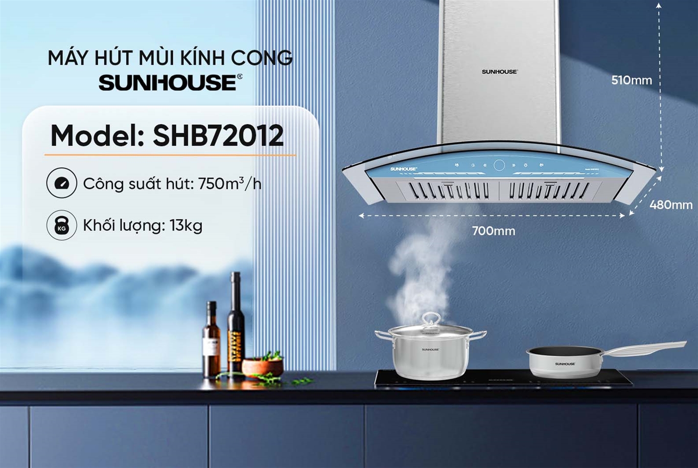 Máy hút mùi kính cong SUNHOUSE SHB72012