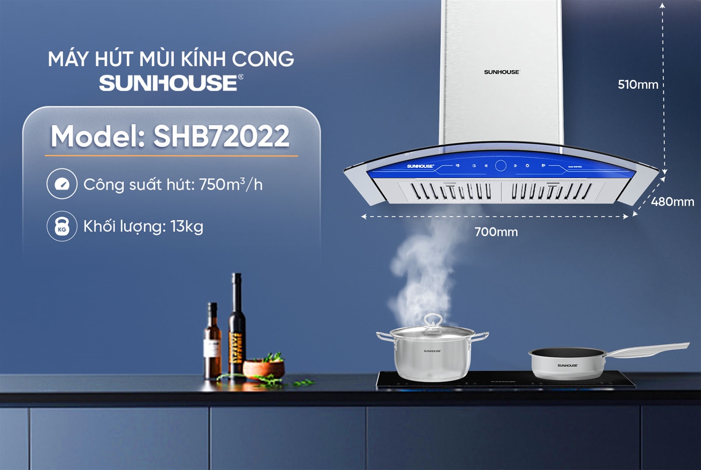 Máy hút mùi kính cong SUNHOUSE SHB72022