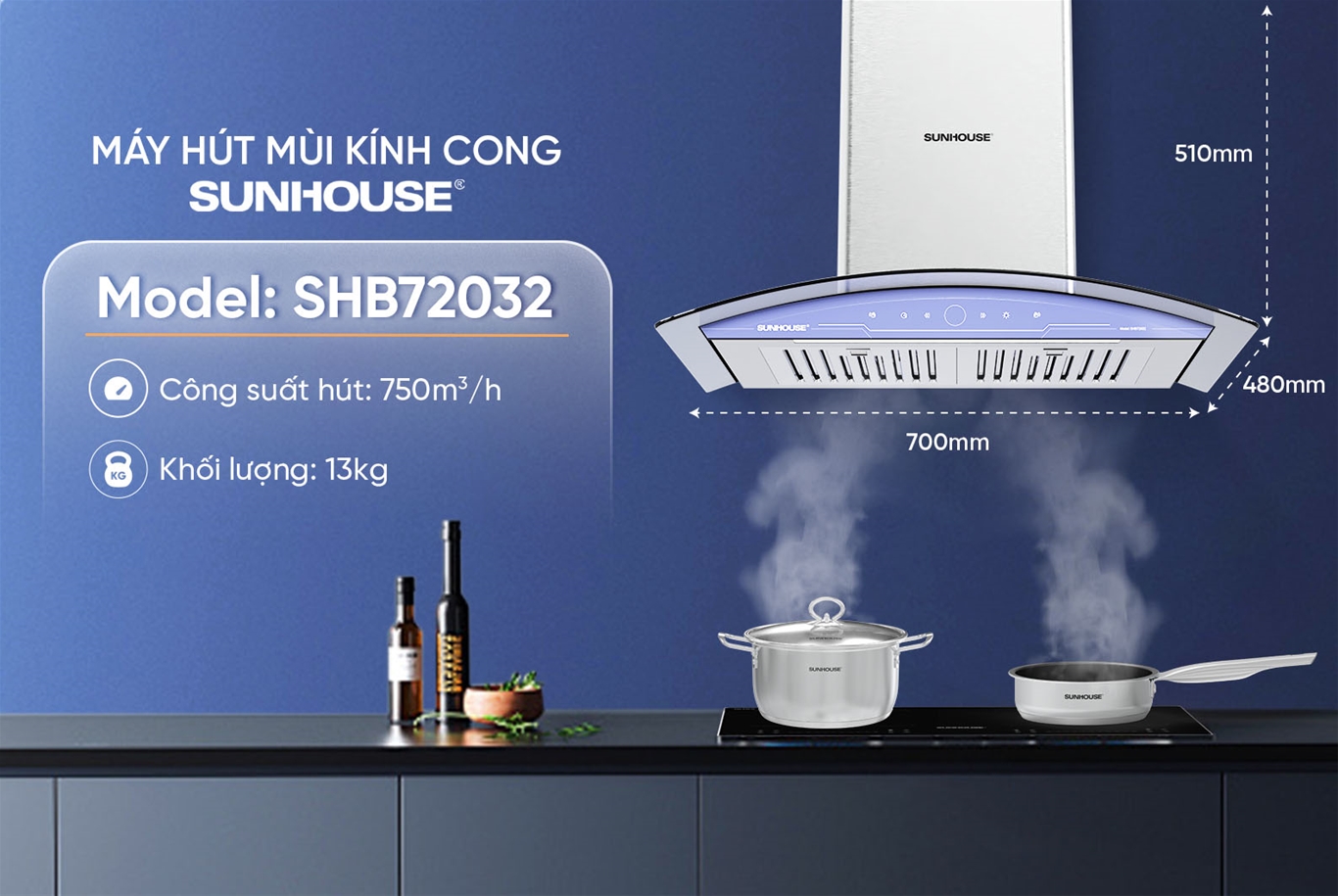Máy hút mùi kính cong SUNHOUSE SHB72032