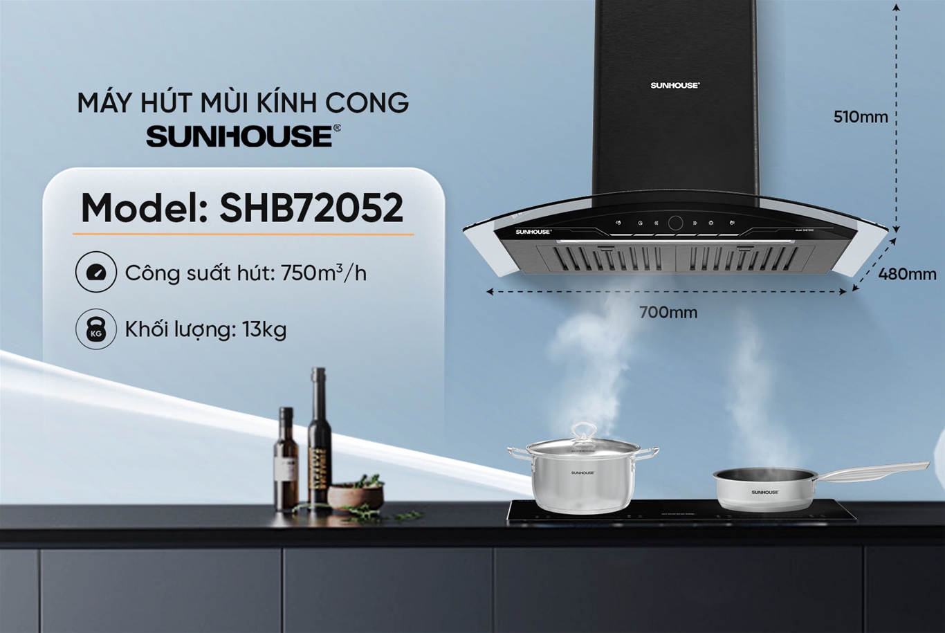 Máy hút mùi kính cong SUNHOUSE SHB72052