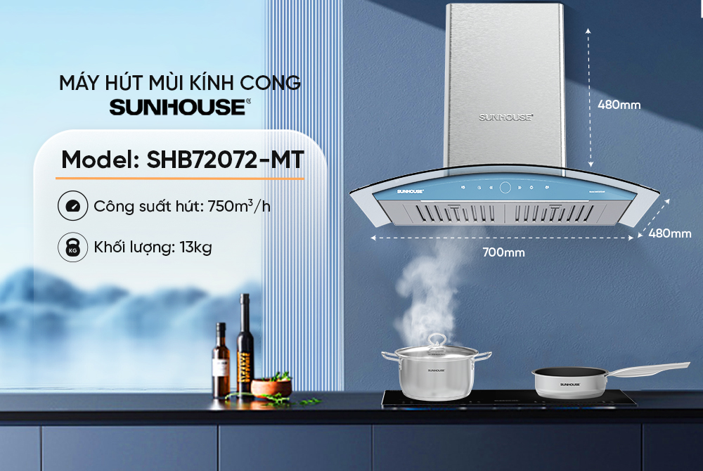 Máy hút mùi kính cong SUNHOUSE SHB72072-MT