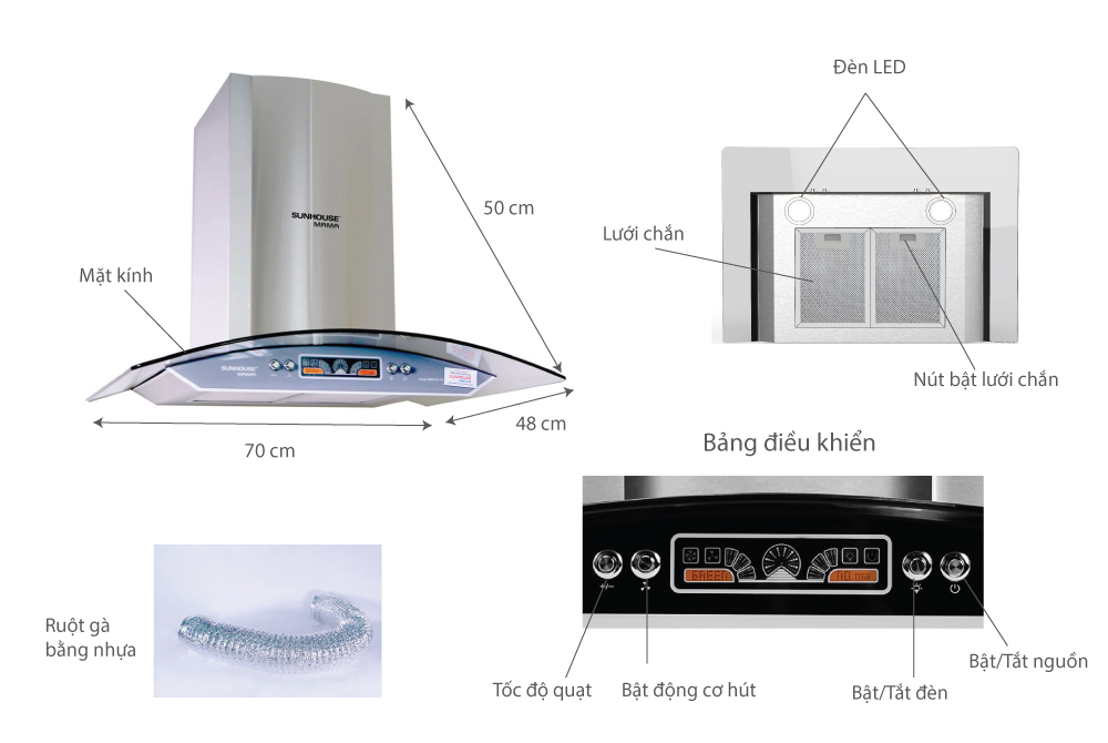 Máy hút mùi SUNHOUSE MAMA MM6716-70 công suất lớn, độ ồn thấp
